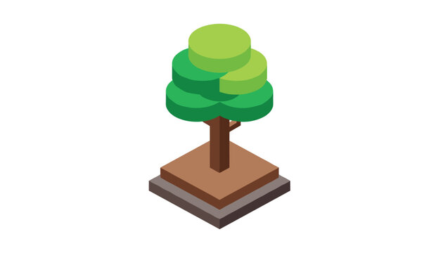 Isometric green deciduous tree growing on a square patch of soil, perfect for architectural models or game design.
