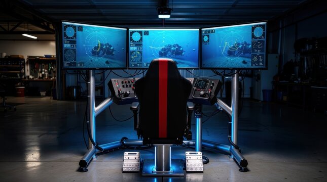 Professional underwater ROV control station with triple monitors. High-tech pilot simulator setup featuring specialized navigation controls. Marine exploration tech for subsea engineering training.
