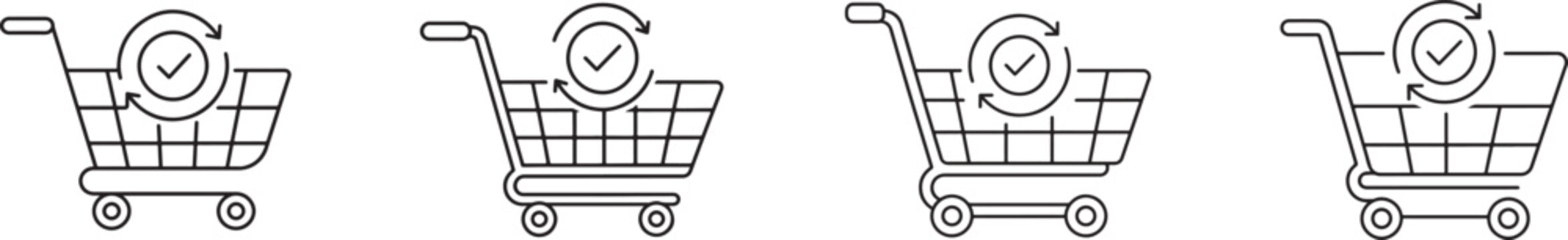 Black and white checkout process icon set in multiple styles for shopping, payment and ecommerce UI.