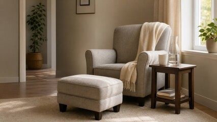 Fototapeta premium Supportive armchair with footstool, water and blanket in a quiet corner, ideal for healthy aging, rest and comfortable independent living