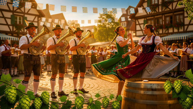 Traditional Bavarian band playing tubas while women dance in dirndls at a town festival. Musicians wear lederhosen in a sunlit European square with hops. German folk culture celebration theme.