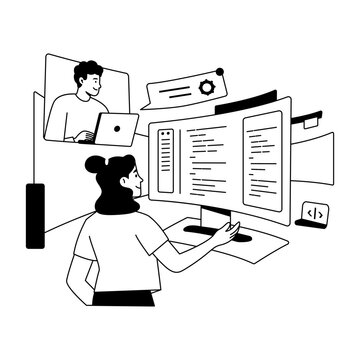 Two developers work together at a large dual-screen coding setup, reviewing code and interface panels while collaborating during pair programming.
