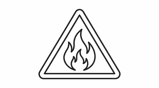 A minimal vector line art icon of a fire hazard warning triangle symbol representing flammable materials and danger
