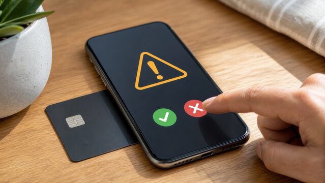 Hand declining an unexpected digital payment request on a smartphone, ideal for transfer fraud awareness and secure mobile banking