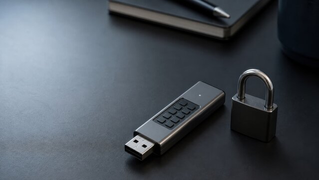 Encrypted USB drive with physical buttons beside a closed padlock, ideal for secure portable storage and confidential data protection