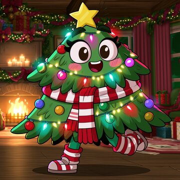 Cheerful Christmas Tree Cartoon Character Dancing in Cozy Holiday Room with Gifts