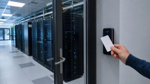 Hand using a blank access card at a secured server room entrance, ideal for data center security, authorization and business protection