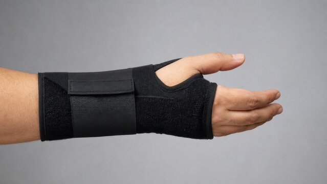 Black orthopedic wrist brace correctly fitted to an adult hand, ideal for repetitive strain, injury recovery and joint support healthcare