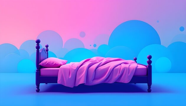 Purple wooden bed with messy pink sheets set against vibrant blue and pink cloud background for sleep and dream concept.
