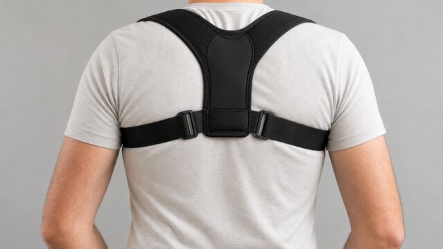 Posture corrector fitted across an adult upper back over a plain shirt, ideal for ergonomics, spine support and physical therapy