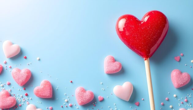 Red heart shaped lollipop candy on wooden stick surrounded by small sugar hearts over light blue surface for Valentine day background.