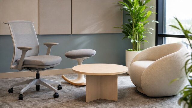 Three seating choices in a quiet office collaboration nook, ideal for movement needs, sensory comfort and neuroinclusive design