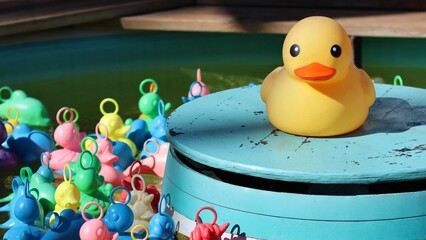 A large yellow rubber duck displayed on a blue floating platform surrounded by dozens of colorful miniature rubber ducks drifting on the water. The playful scene has a cheerful fun atmosphere © Roberto