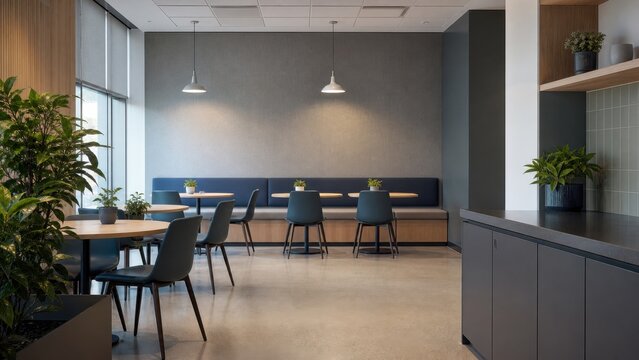 Low-stimulation workplace lunch area with acoustic surfaces, ideal for sensory comfort, quiet breaks and inclusive office design