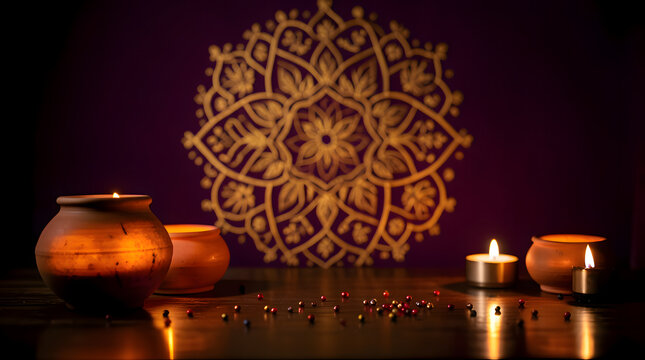 Festival Diwali Background with Terracotta Oil Lamps and Mandala Pattern