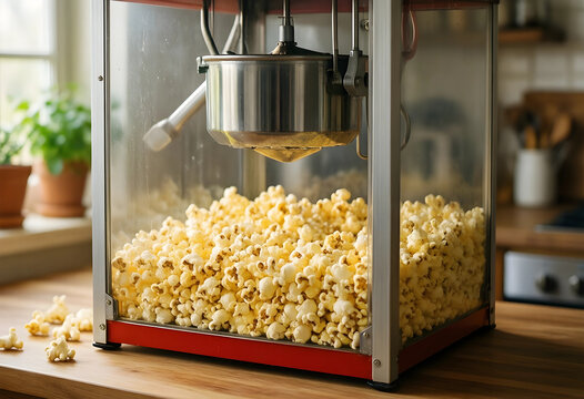 Home entertainment and movie night snack, vintage popcorn machine full of freshly popped corn on a kitchen counter