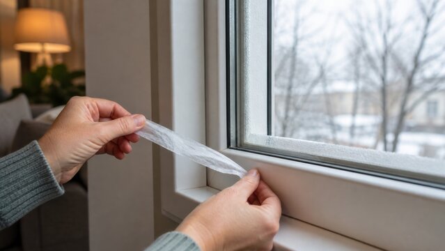 Hands testing a closed window for cold drafts with a tissue strip, ideal for winter weatherization, energy efficiency and home repair guides
