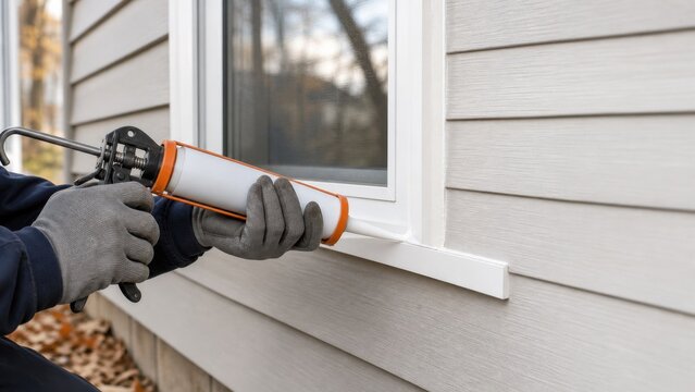 Gloved hands sealing an exterior window joint with caulk, ideal for winter weatherproofing, home maintenance and energy efficiency projects