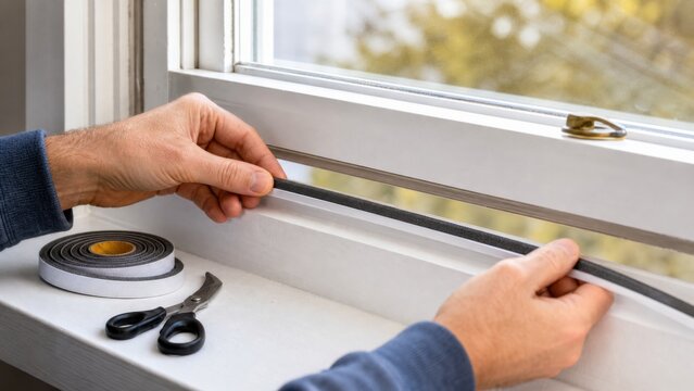 Hands applying foam weatherstrip to an open window sash, ideal for winter draft prevention, home insulation and energy saving tutorials