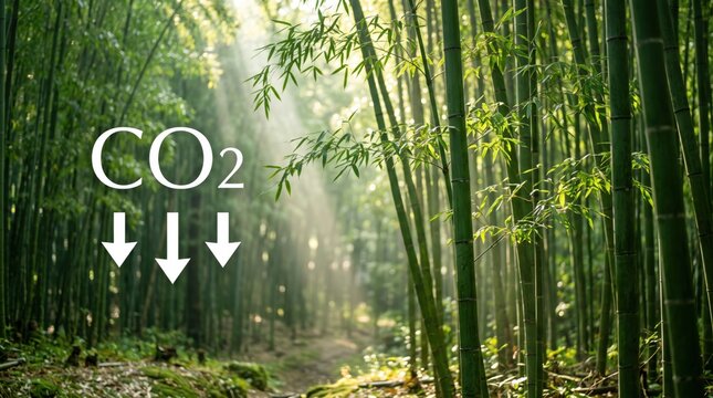 Sunlit bamboo forest path with carbon dioxide reduction symbol overlay, representing nature conservation, air purification, climate change mitigation, and ecological balance