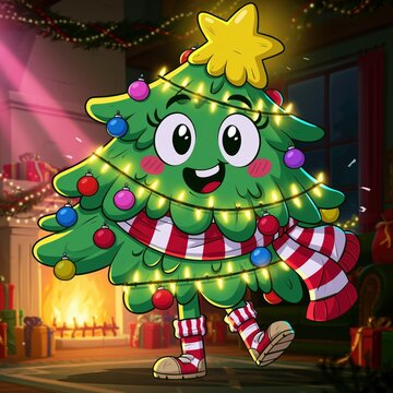Cheerful Christmas Tree Cartoon Character Dancing in Cozy Holiday Room with Gifts