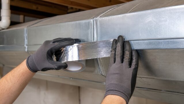 Gloved hands sealing a metal HVAC duct joint with foil tape, ideal for winter heating efficiency, airflow repair and home maintenance guides