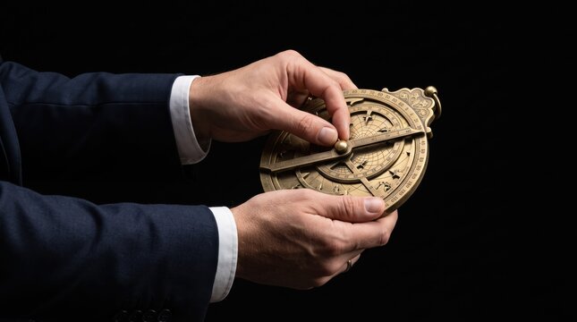 of businessman hands holding antique brass astrolabe navigational instrument against black, vintage astronomy tool symbolizing direction and guidance, historical scientific device