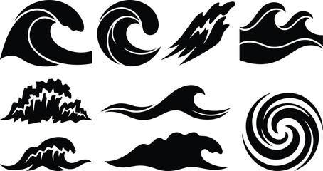 Fototapeta premium Ocean Waves Silhouettes Set Vector Ocean Wave Icons Surfing Water Splash and Swirl Symbols