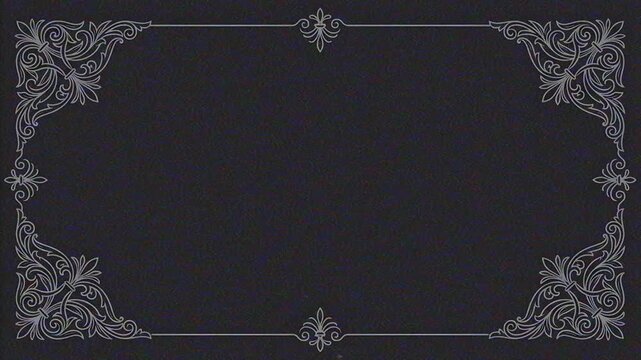 Vintage silent movie title card with old film grain. Antique ornate border frame featuring classic floral flourishes. Retro cinema text placeholder over dark scratched texture
