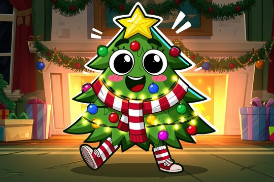 Cheerful Christmas Tree Cartoon Character Dancing in Cozy Holiday Room with Gifts