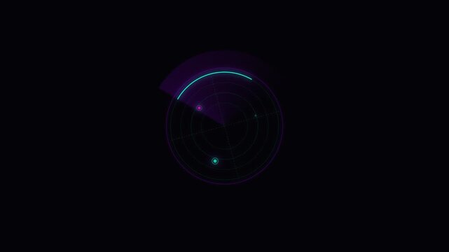 A circular radar interface display with glowing neon detection markers