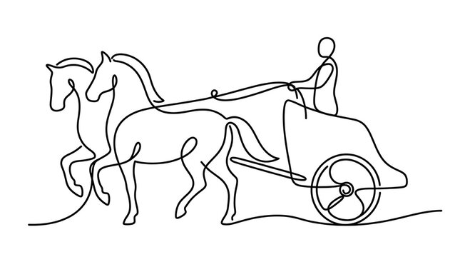 Continuous Line Drawing of Ancient Roman Chariot with Two Horses