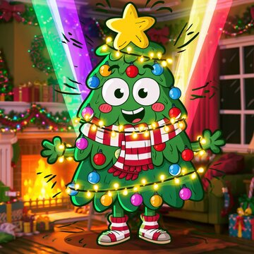 Cheerful Christmas Tree Cartoon Character Dancing in Cozy Holiday Room with Gifts