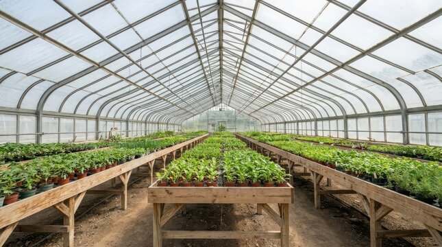 Modern greenhouse filled with neatly arranged rows of leafy plants under transparent roofing