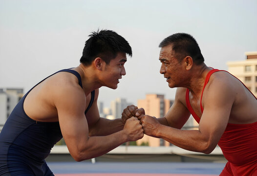 Generational sports competition and athletic challenge, two male wrestlers in a face-off, strength and determination