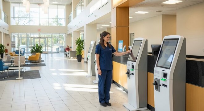 Healthcare receptionist assisting a patient with a modern check-in kiosk in a bright medical facility lobby.