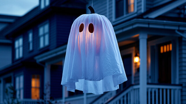 Glowing ghost decoration hanging outside residential house at night with night time