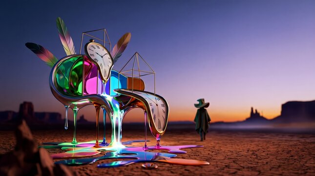 Lone traveler approaches a giant chair-like sculpture dripping multicolored neon liquid across a desert at sunset, creating a surreal encounter with scale and imagination.