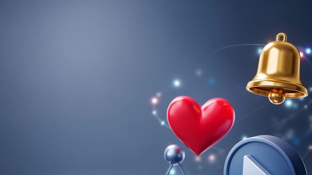 Heart bell and play icons form social media engagement graphic. Digital marketing concept with copy space