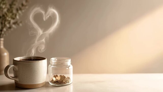 Coffee cup with heart-shaped steam and coin jar. Creator support and gratitude concept with copy space