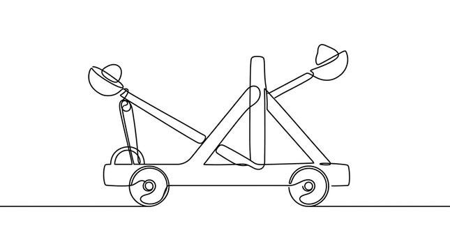 Medieval catapult on wheels continuous one line drawing