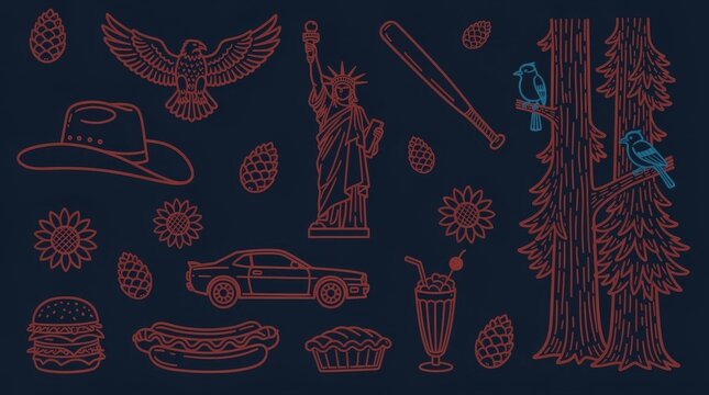 Americana line art icon set featuring national symbols and classic culture. Includes Statue of Liberty, eagle, and food in minimalist vector. Patriotic design for travel marketing and branding.