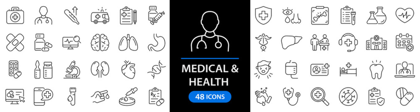 Medicine and health set of web icons in line style. Medical icons for web and mobile app. Medicine and Health Care symbols. Emergency, medical equipment, RX, MRI, doctor, lab, virus, prescription
