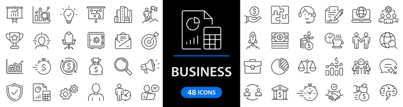 Business and finance set of web icons in line style. Finance and business. Money, business process, bank, team work, office, payment, strategy, management, accounting, infographic. Vector illustration