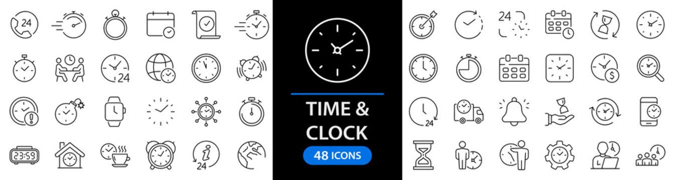 Time and Clock set of web icons in line style. Time management. Timer, Speed, Date, Countdown, Alarm, Recovery, Time, clock, watch, calendar simple icons for web and mobile app. Vector illustration