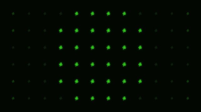 A grid of glowing green shamrock icons arranged on a solid black background