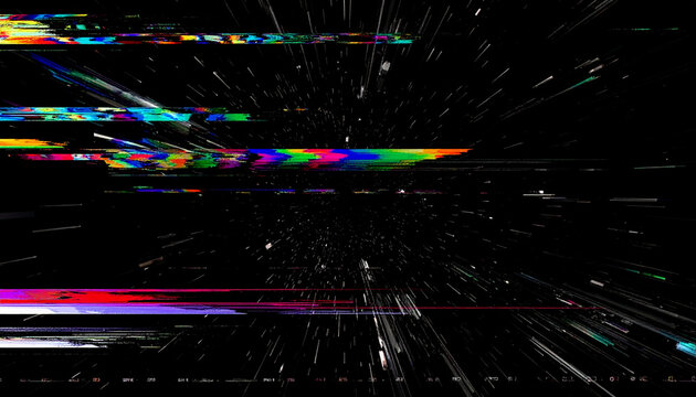 Abstract Glitch Art Tunnel Effect with Colorful Digital Noise and Streaking Lights on Black Background