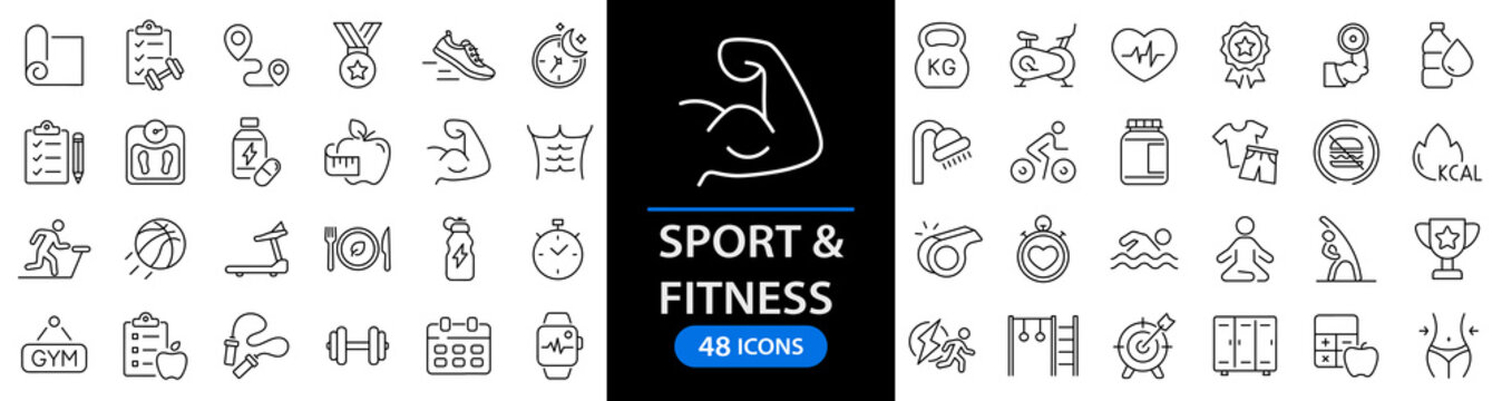 Sport and Fitness set of web icons in line style. Gym and health care. Healthy lifestyle icons. Nutrition and dieting, training, body care, healthy food, workout, muscle, weight and more