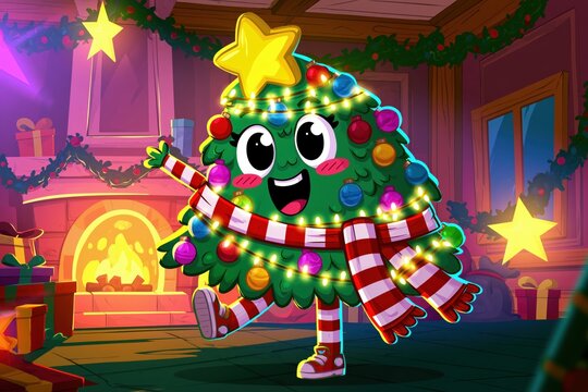 Cheerful Christmas Tree Cartoon Character Dancing in Cozy Holiday Room with Gifts