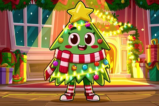 Cheerful Christmas Tree Cartoon Character Dancing in Cozy Holiday Room with Gifts